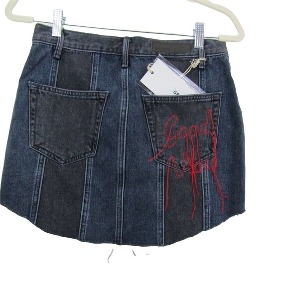 Grlfrnd NWT Good Vibes denim blue Jean Tina Boho mini skirt Raw Hem Size 27 - Picture 1 of 7